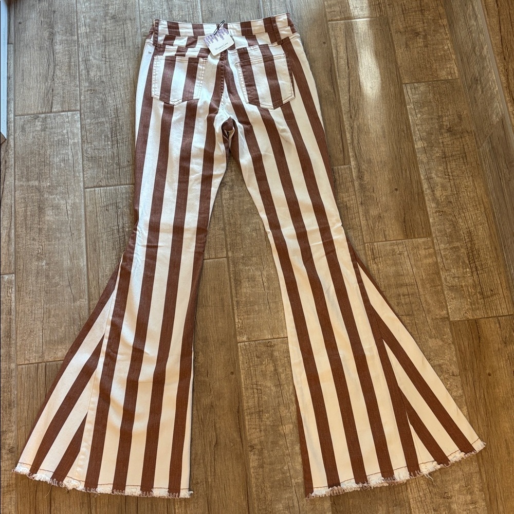 Wysteria Lane Brown & White Striped High-rise, flare jeans with a raw/frayed hem - Picture 5 of 5